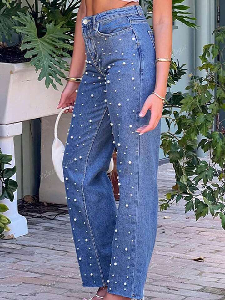High-Rise Straight Jeans With White Pearl - Image 6