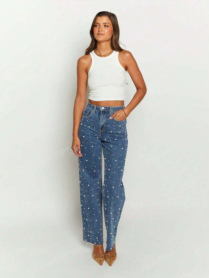 High-Rise Straight Jeans With White Pearl - Image 2