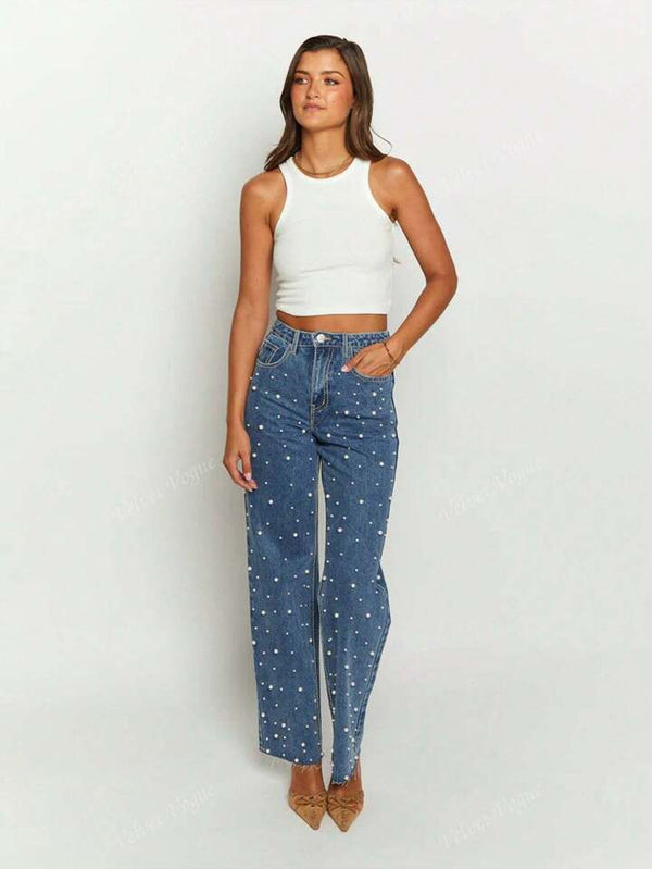 High-Rise Straight Jeans With White Pearl
