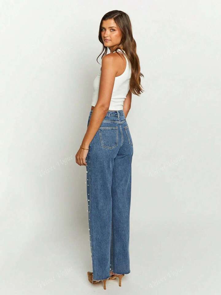 High-Rise Straight Jeans With White Pearl