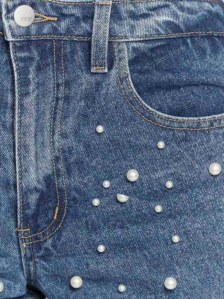 High-Rise Straight Jeans With White Pearl