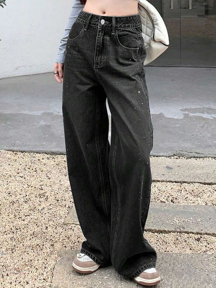 Women's Sparkly Rhinestone Studded Wide Leg Denim Pants