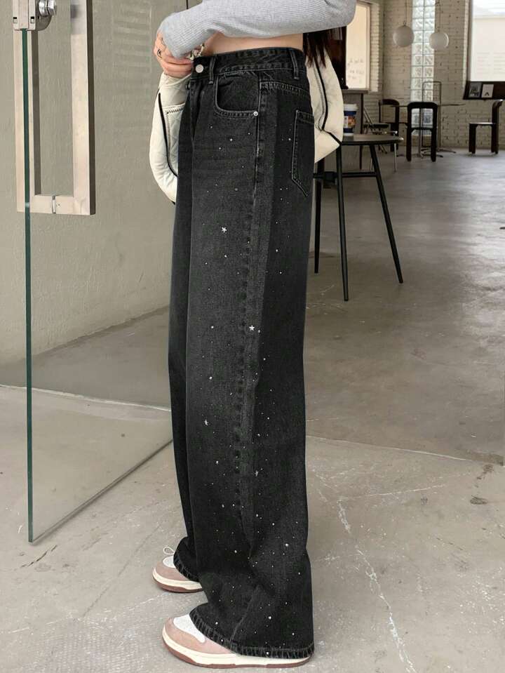 Women's Sparkly Rhinestone Studded Wide Leg Denim Pants