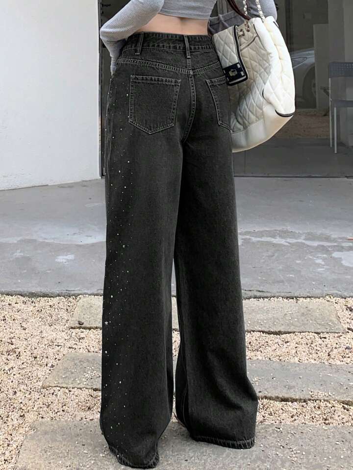 Women's Sparkly Rhinestone Studded Wide Leg Denim Pants