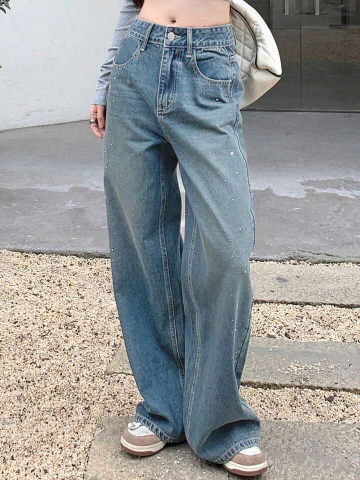 Trendy Loose Fit Blue Jeans with Crystal Embellishments