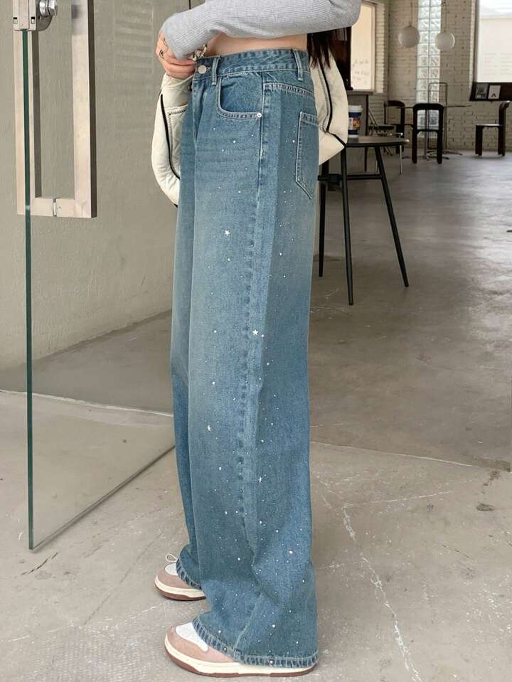 Trendy Loose Fit Blue Jeans with Crystal Embellishments