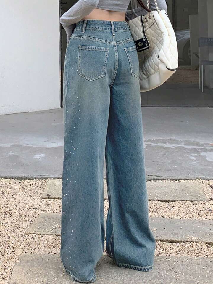 Trendy Loose Fit Blue Jeans with Crystal Embellishments