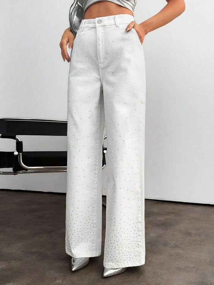 High Waist White Denim Wide Leg Jeans with Rhinestone Fade