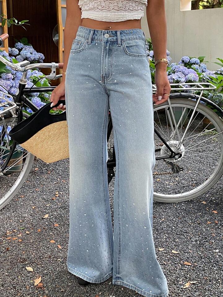 High Waist Rhinestone Flare Jeans / Light Blue Wash Bell Bottoms