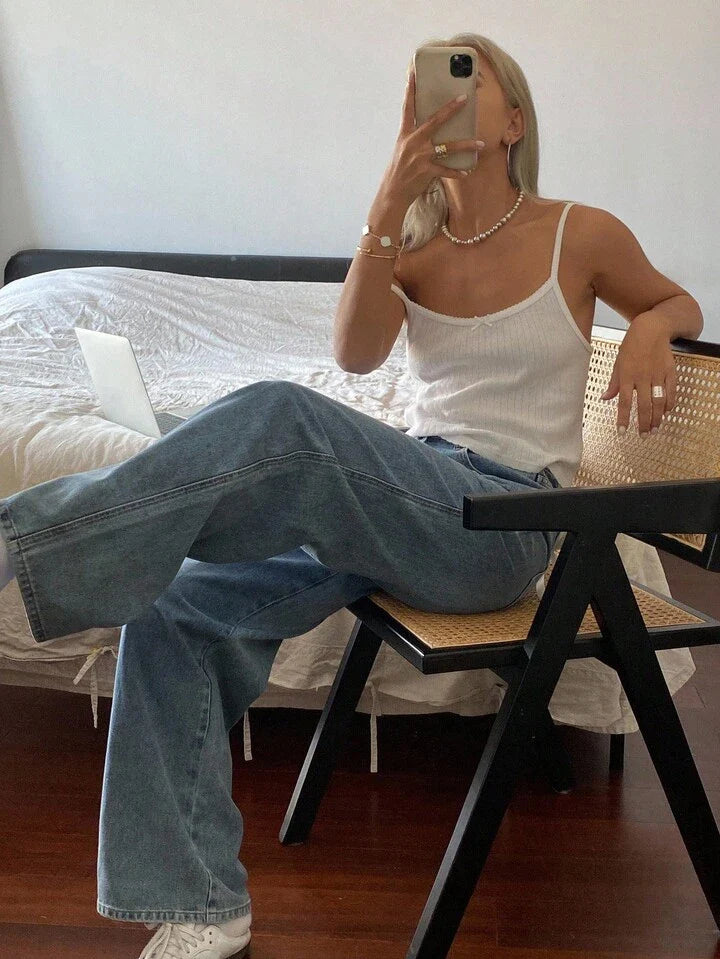 High-Waist Light Wash Wide-Leg Jeans with Bow Accent