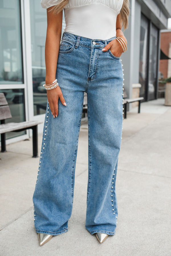 High-Rise Wide-Leg Jeans with Luxe Side Pearl Studs