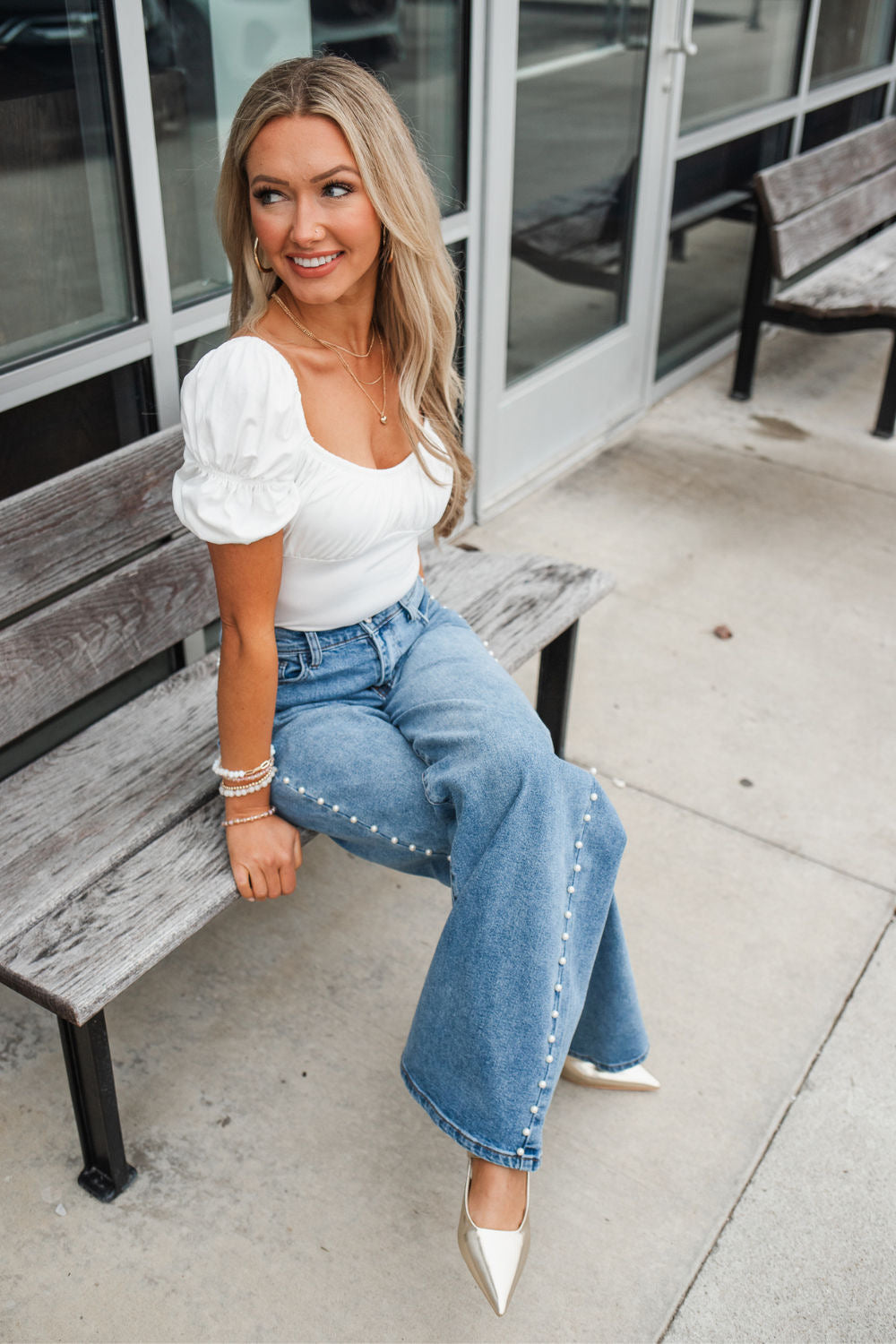 High-Rise Wide-Leg Jeans with Luxe Side Pearl Studs