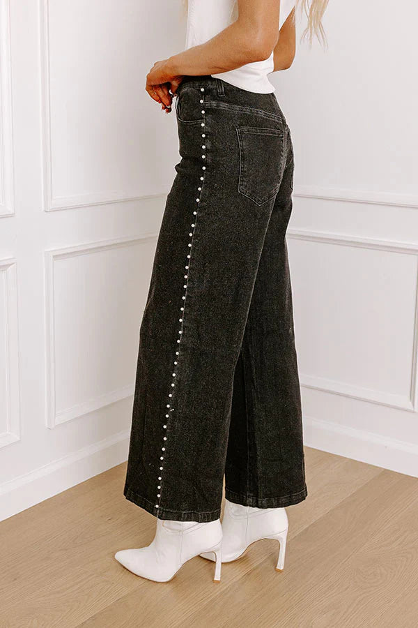 Statement Side Pearl Detail Black Wash Jeans - Image 4