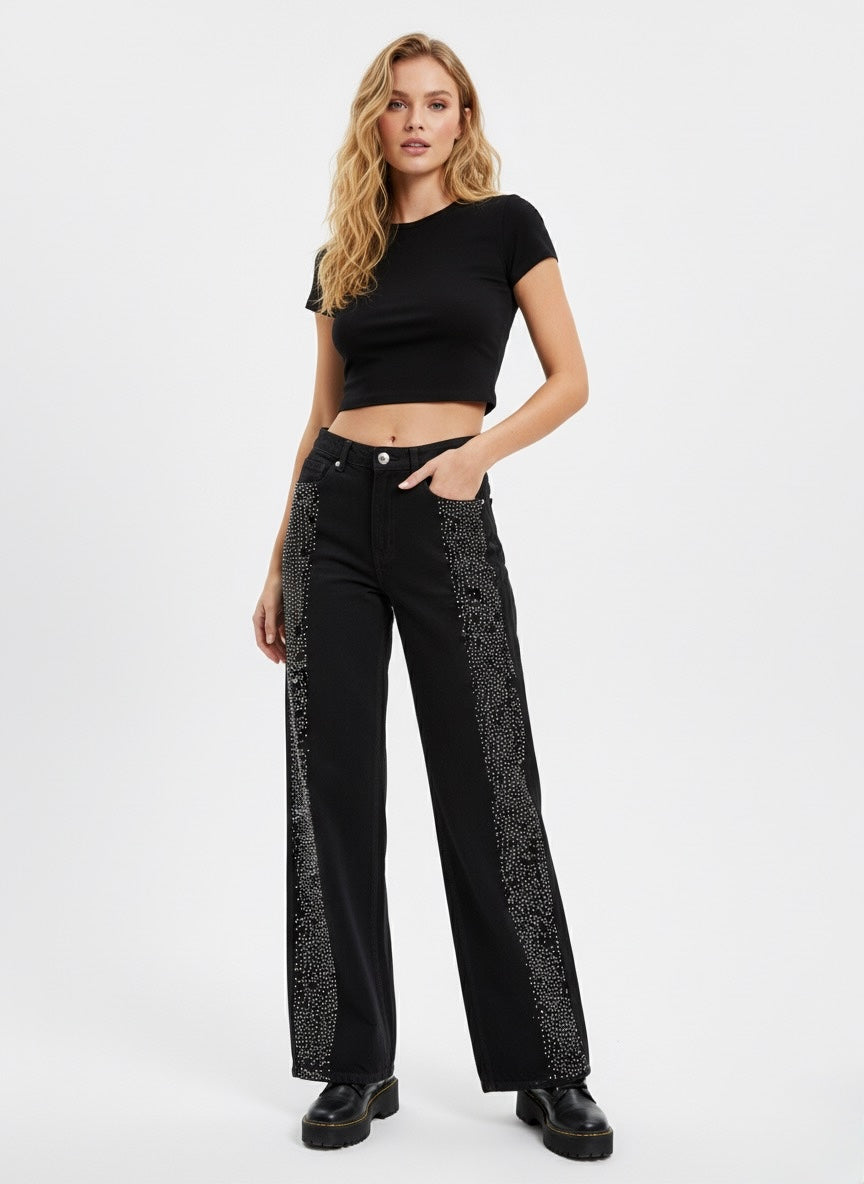 Black Wide-Leg Jeans with Side Rhinestone Detailing