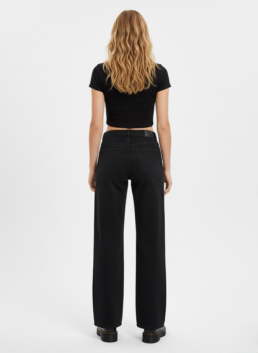 Black Wide-Leg Jeans with Side Rhinestone Detailing