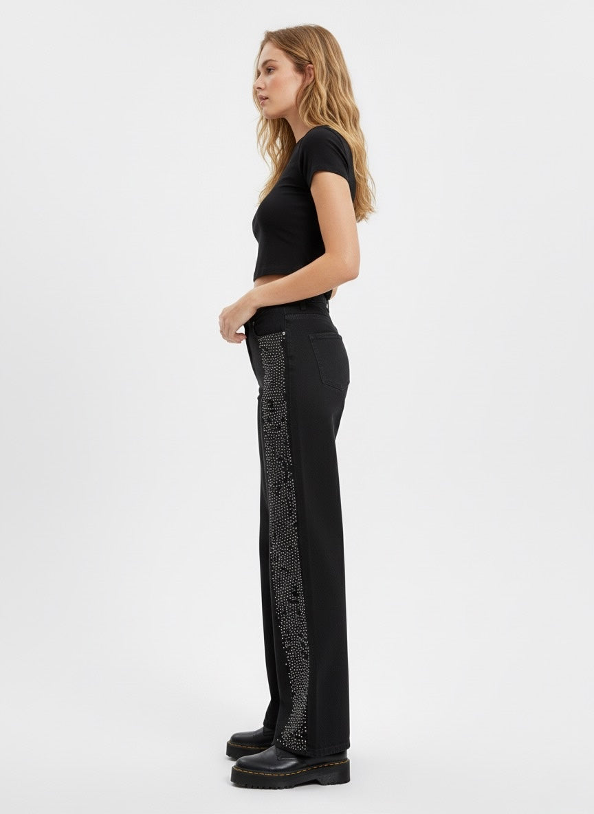 Black Wide-Leg Jeans with Side Rhinestone Detailing - Image 5