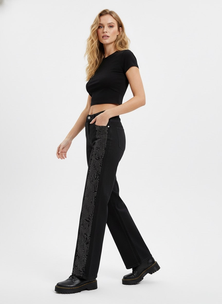 Black Wide-Leg Jeans with Side Rhinestone Detailing