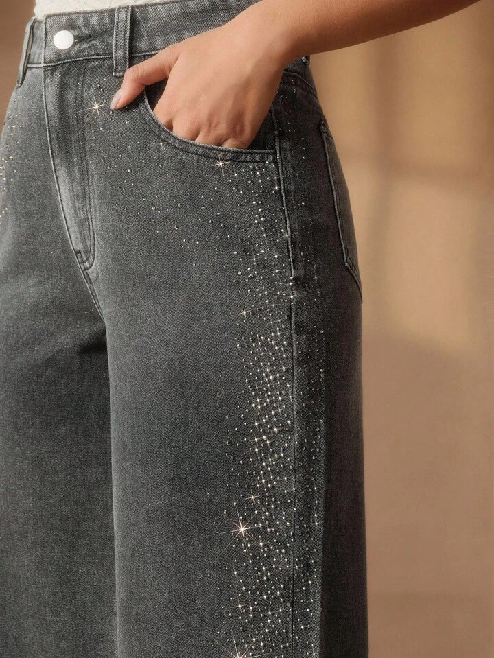 Shimmering Rhinestone High-Waist Wide-Leg Denim Jeans - Image 5