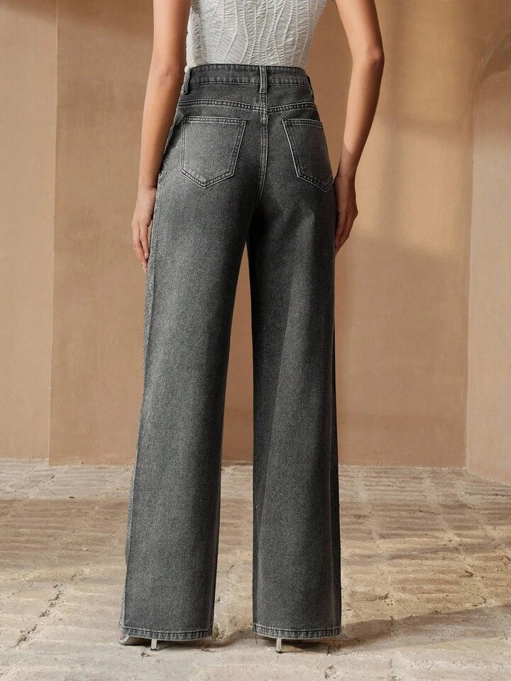 Shimmering Rhinestone High-Waist Wide-Leg Denim Jeans - Image 6