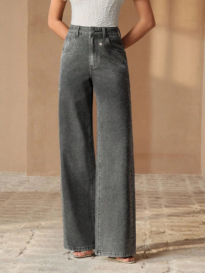Shimmering Rhinestone High-Waist Wide-Leg Denim Jeans