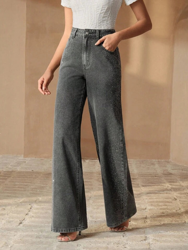 Shimmering Rhinestone High-Waist Wide-Leg Denim Jeans - Image 1