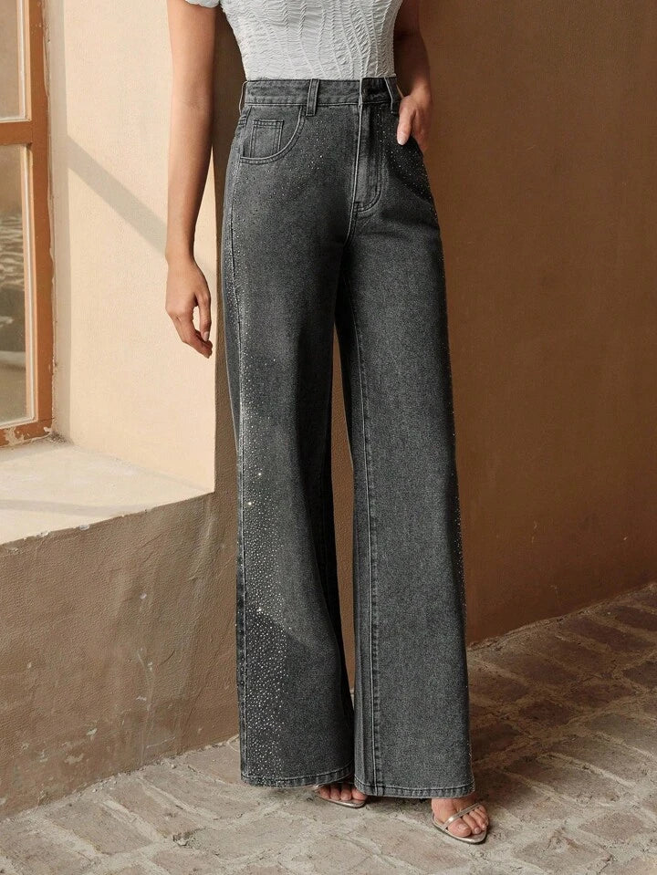 Shimmering Rhinestone High-Waist Wide-Leg Denim Jeans