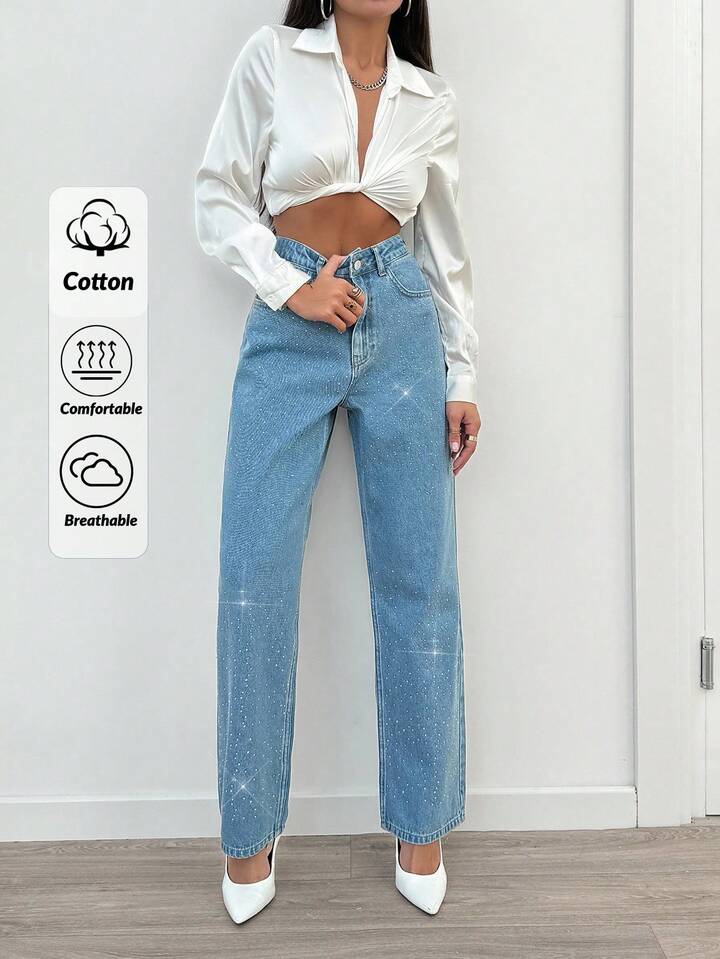 Rhinestone Embellished High-Waist Straight Leg Jeans in Light Wash - Image 2