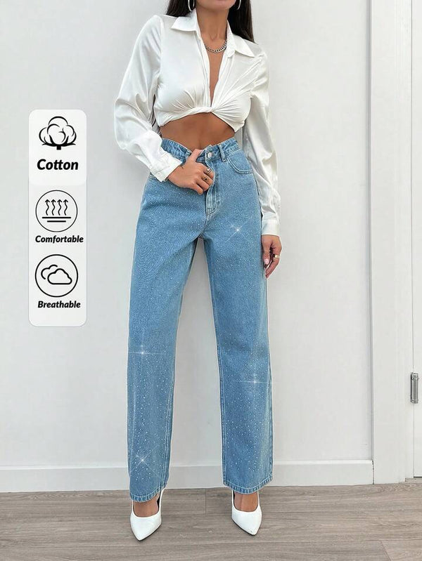 Rhinestone Embellished High-Waist Straight Leg Jeans in Light Wash
