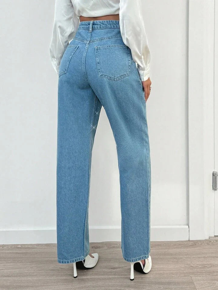 Rhinestone Embellished High-Waist Straight Leg Jeans in Light Wash