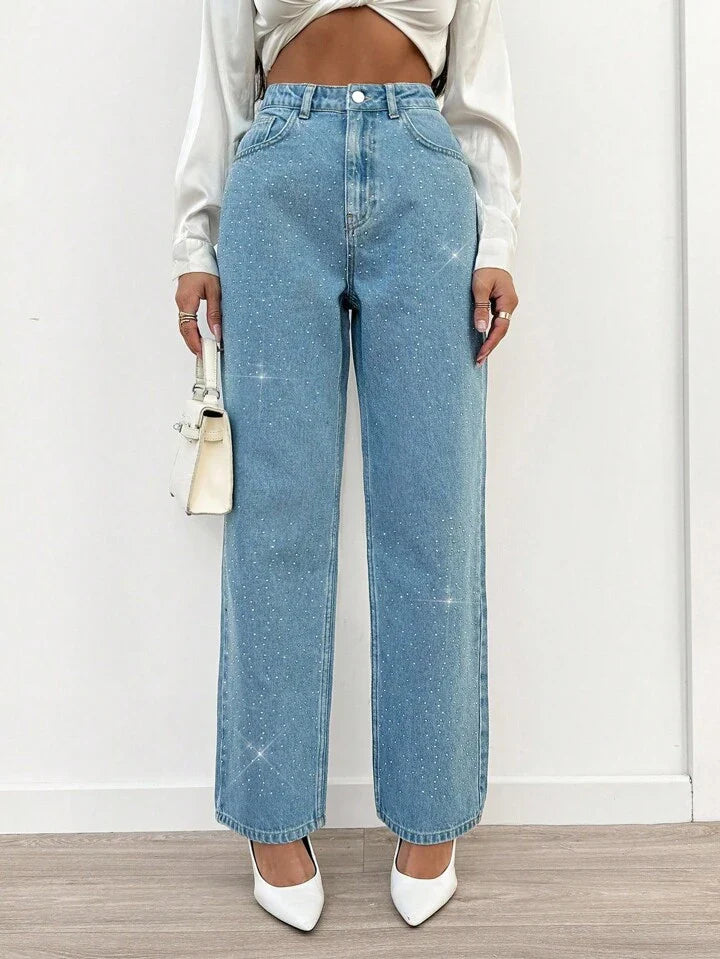 Rhinestone Embellished High-Waist Straight Leg Jeans in Light Wash - Image 4