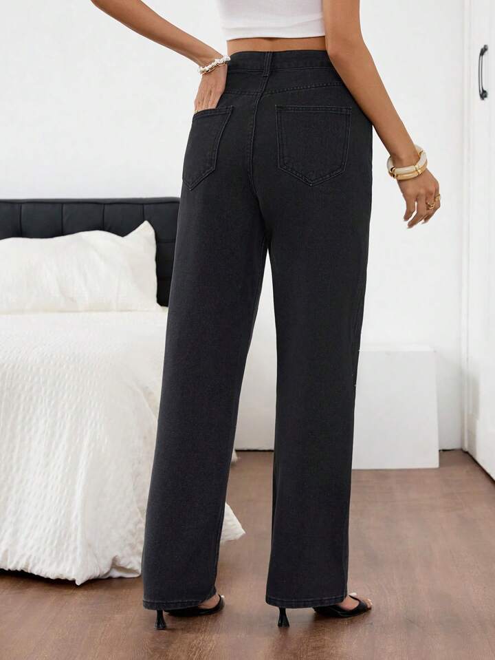 Women's Rhinestone Embellished High-Rise Jeans - Black