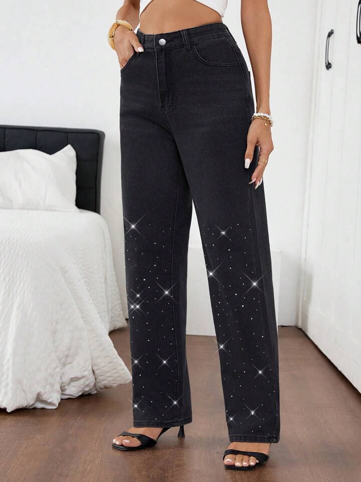 Women's Rhinestone Embellished High-Rise Jeans - Black