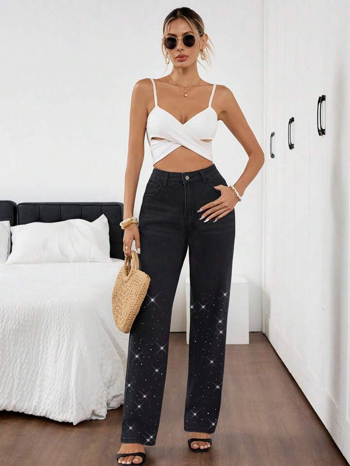 Women's Rhinestone Embellished High-Rise Jeans - Black