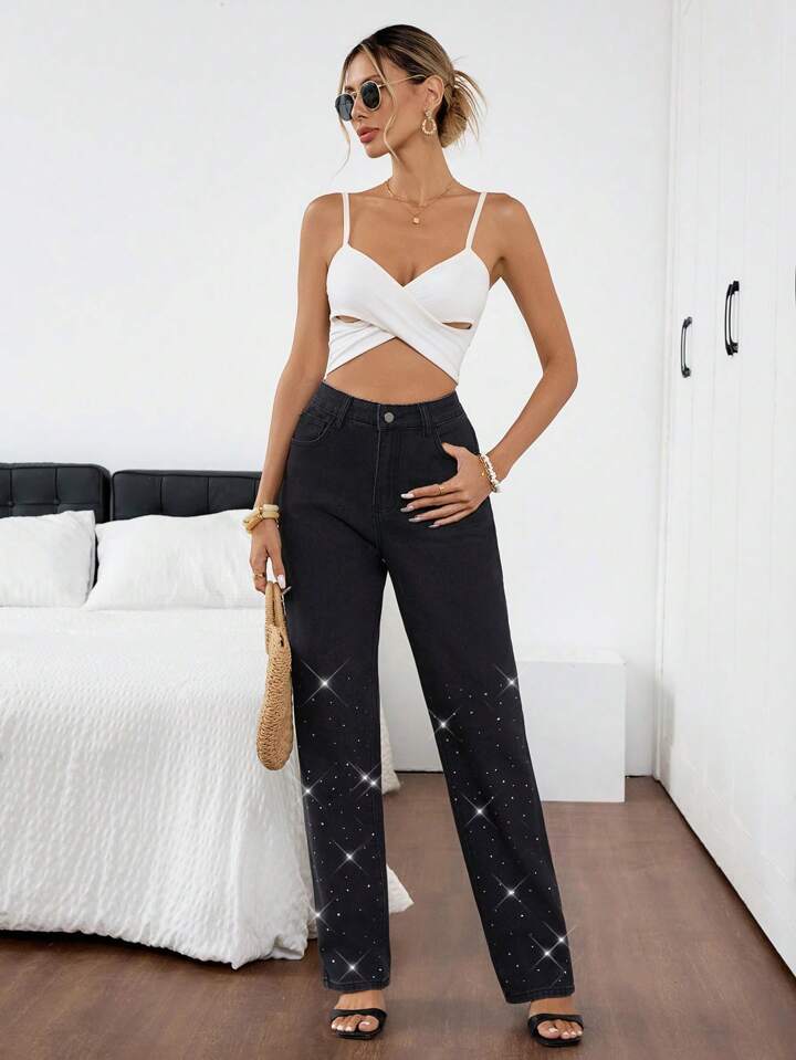 Women's Rhinestone Embellished High-Rise Jeans - Black