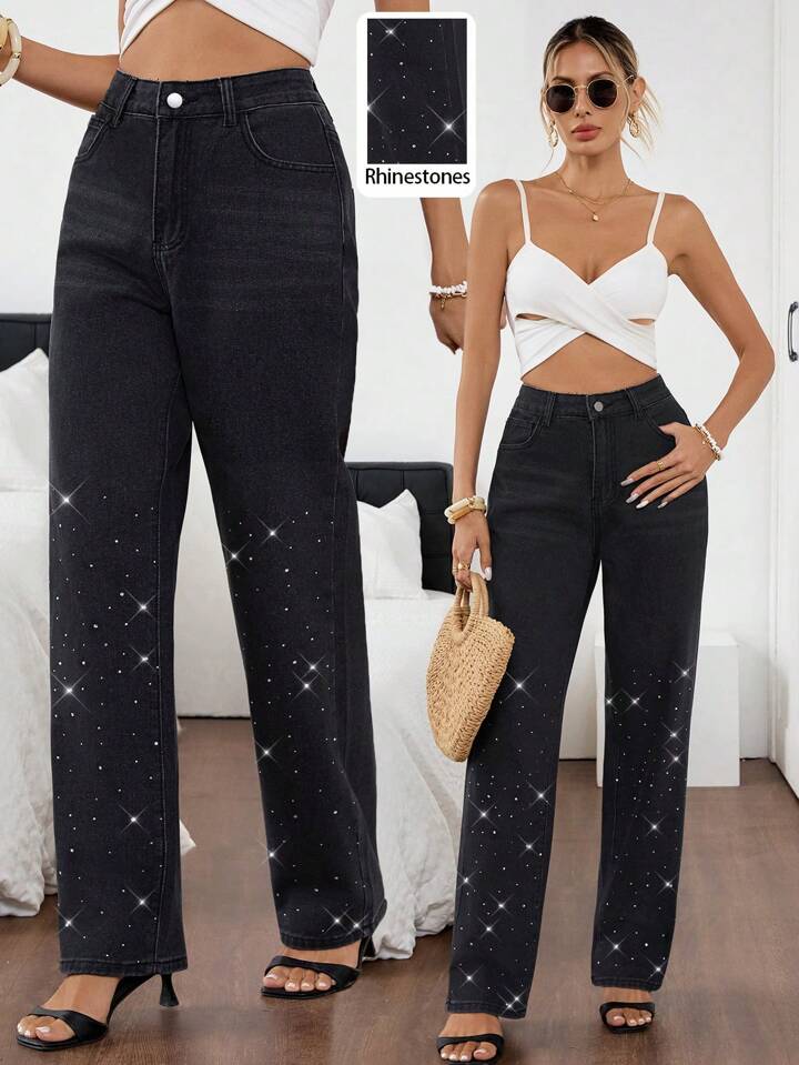 Women's Rhinestone Embellished High-Rise Jeans - Black