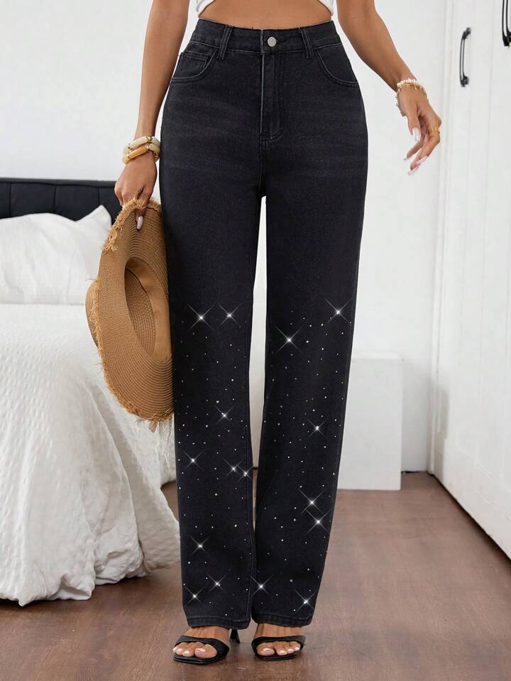 Women's Rhinestone Embellished High-Rise Jeans - Black