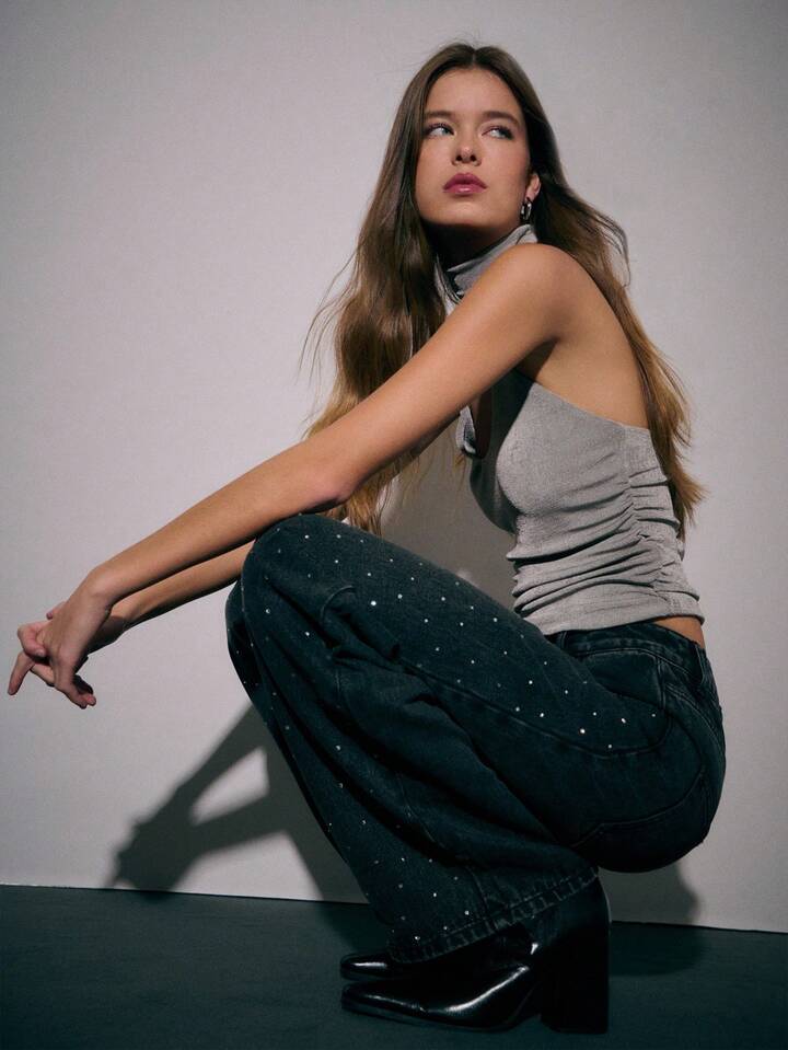 Women's High-Waist Rhinestone Straight Leg Jeans - Black