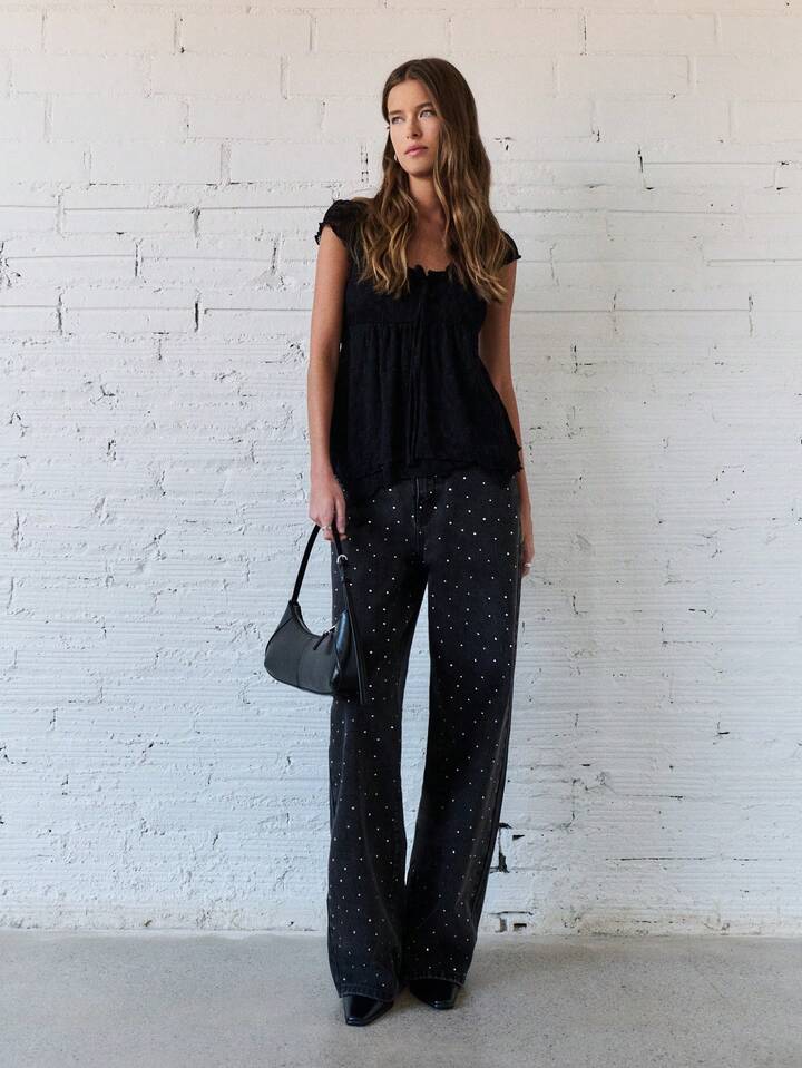 Women's High-Waist Rhinestone Straight Leg Jeans - Black