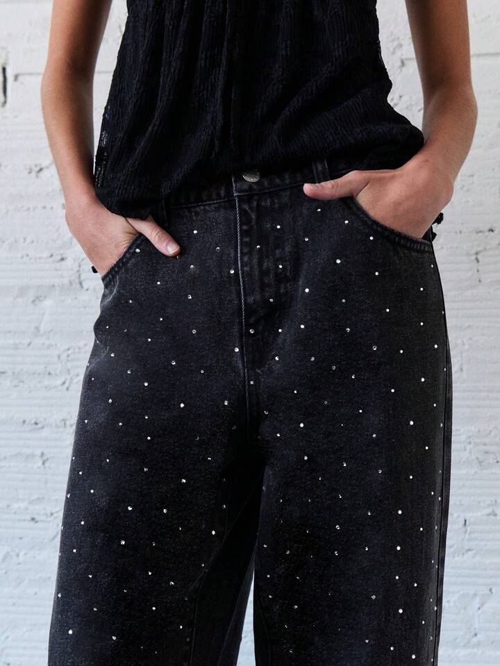 Women's High-Waist Rhinestone Straight Leg Jeans - Black