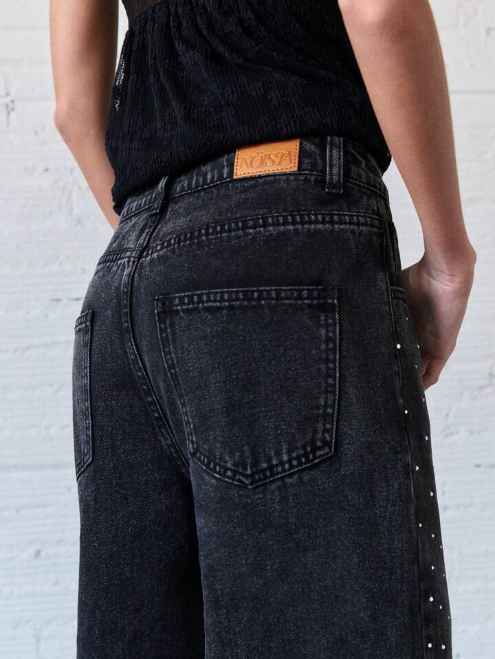 Women's High-Waist Rhinestone Straight Leg Jeans - Black - Image 7