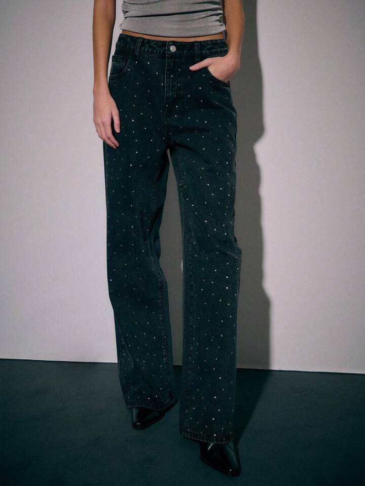 Women's High-Waist Rhinestone Straight Leg Jeans - Black