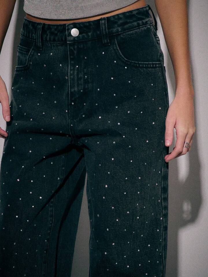 Women's High-Waist Rhinestone Straight Leg Jeans - Black