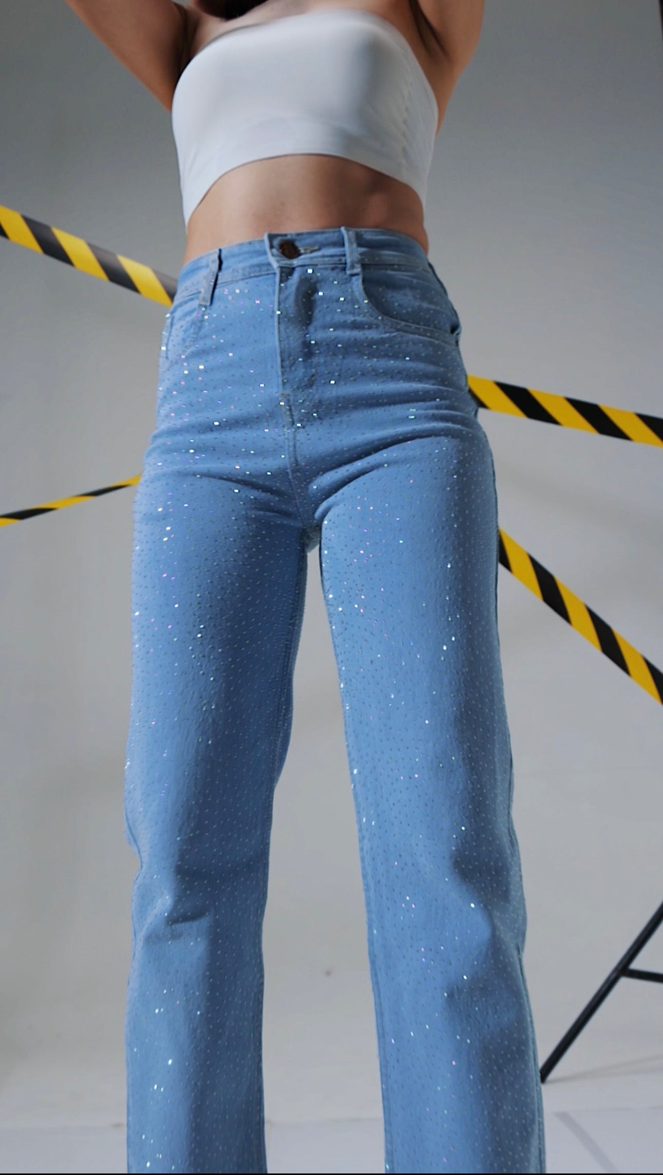 Chamkili Sky Blue - Rhinestone Embellished Wide Leg Jeans
