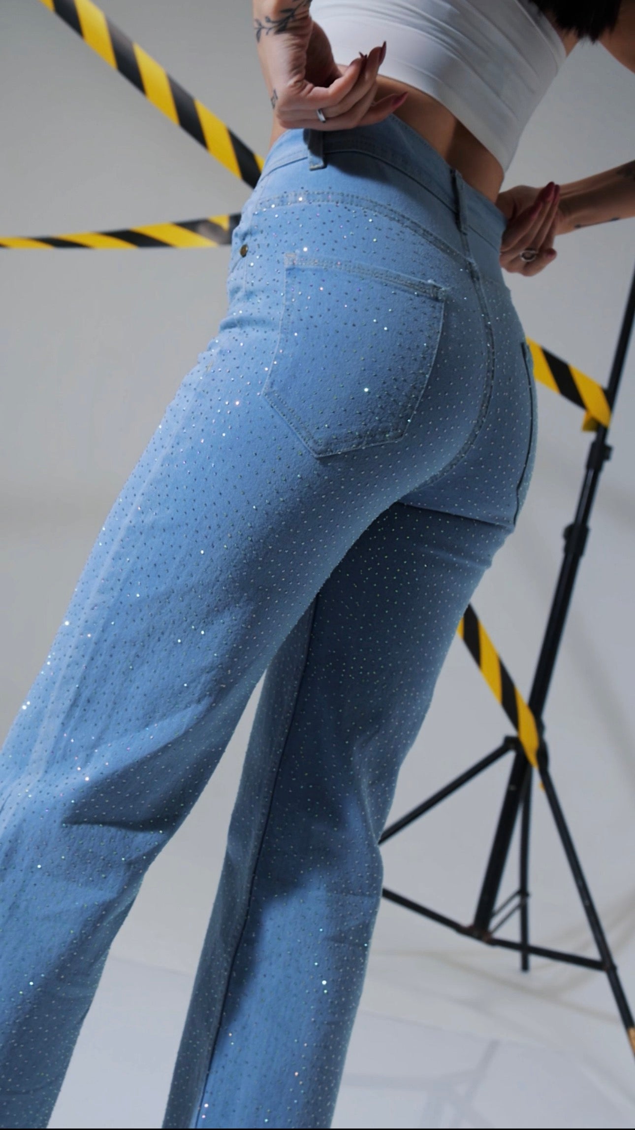 Chamkili Sky Blue - Rhinestone Embellished Wide Leg Jeans