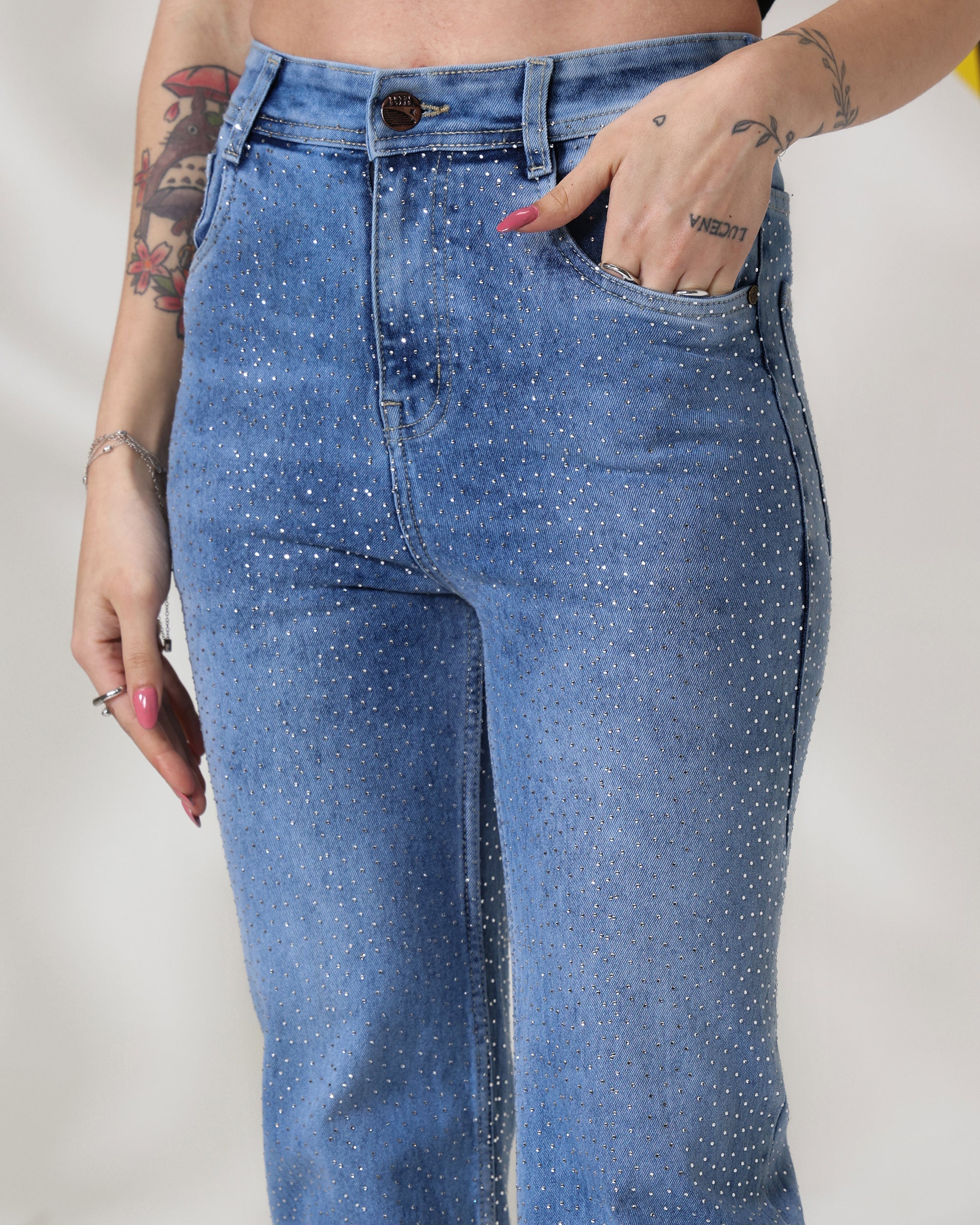 Chamku Paglu - Rhinestone Embellished Wide Leg Jeans