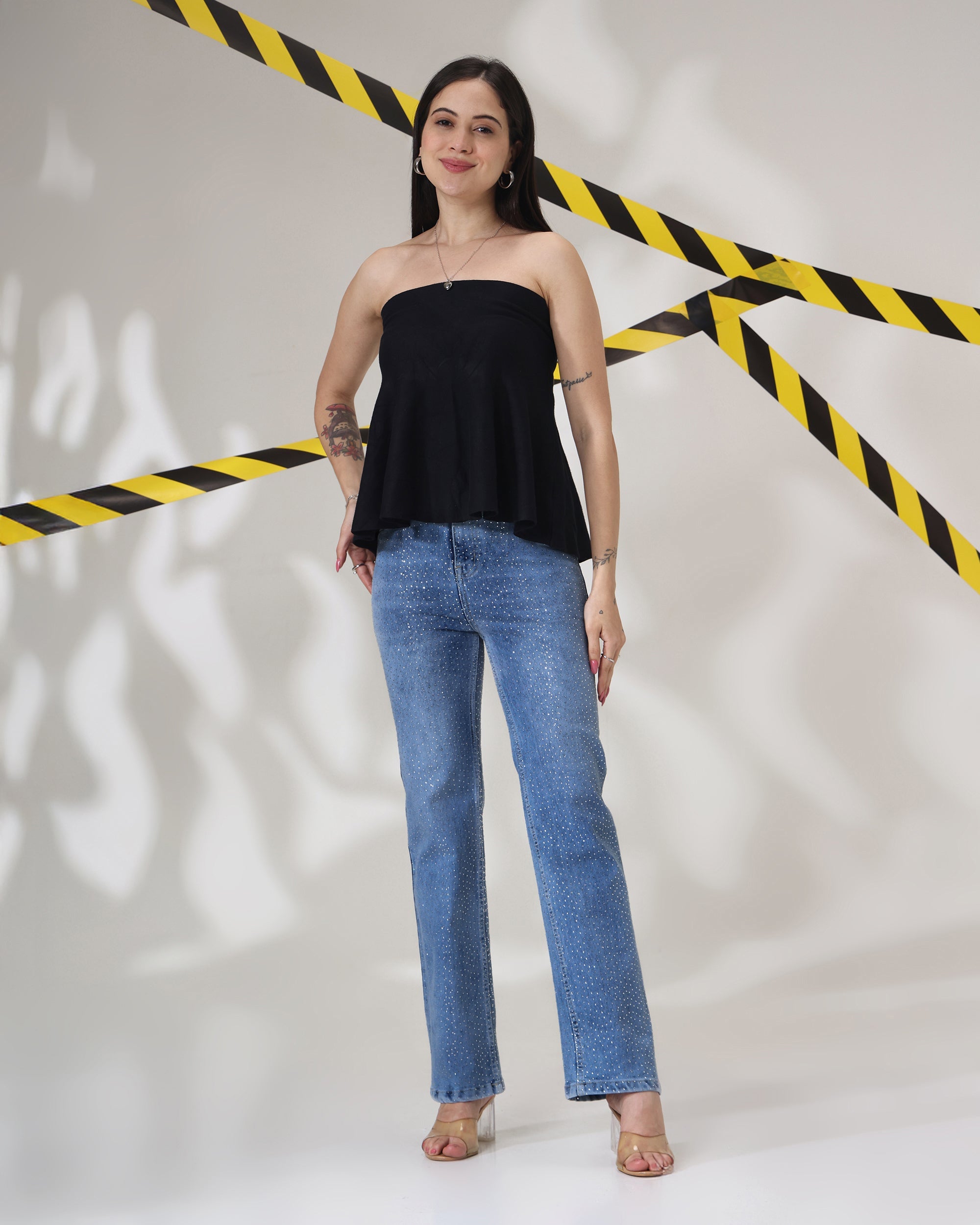 Chamku Paglu - Rhinestone Embellished Wide Leg Jeans
