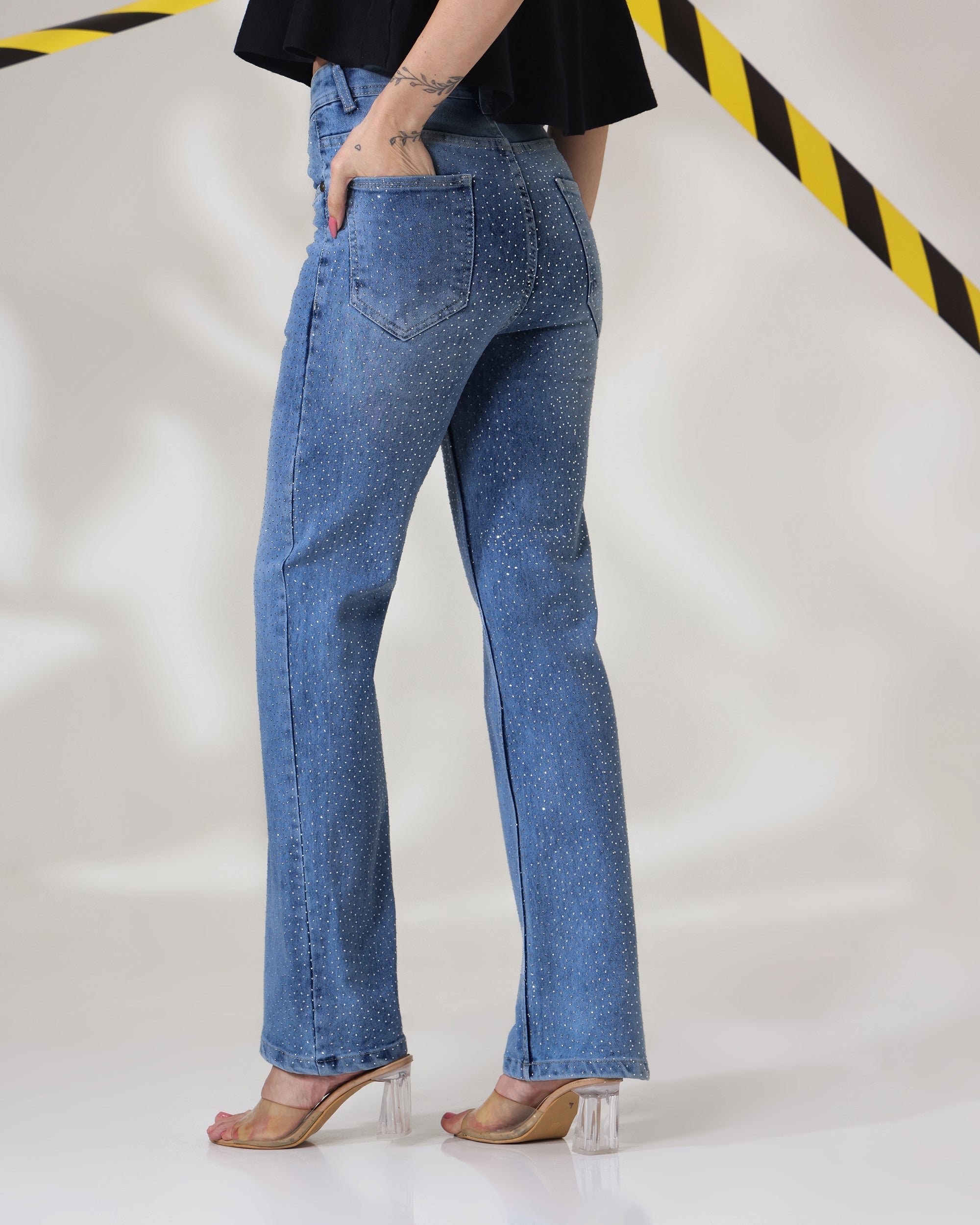 Chamku Paglu - Rhinestone Embellished Wide Leg Jeans