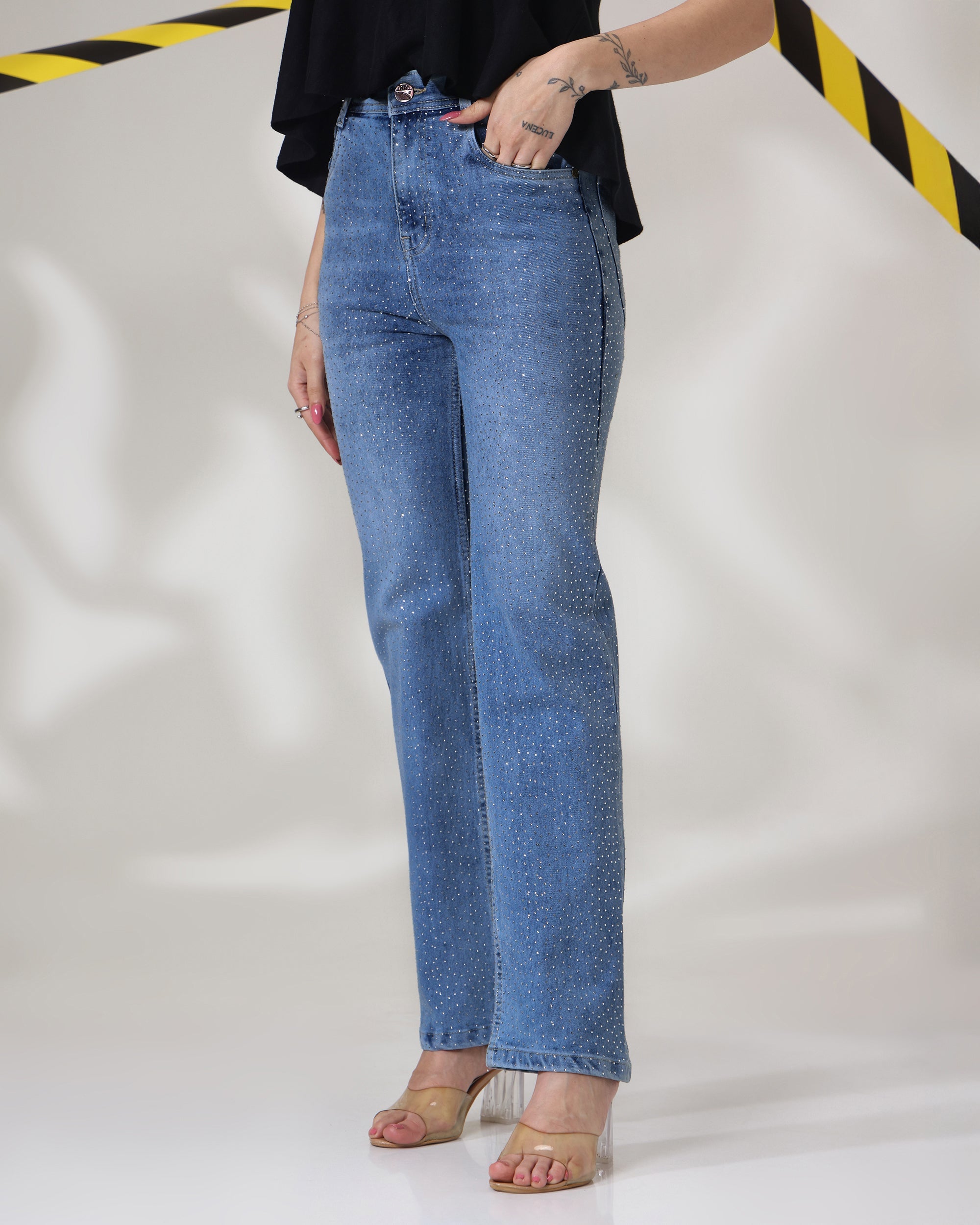 Chamku Paglu - Rhinestone Embellished Wide Leg Jeans