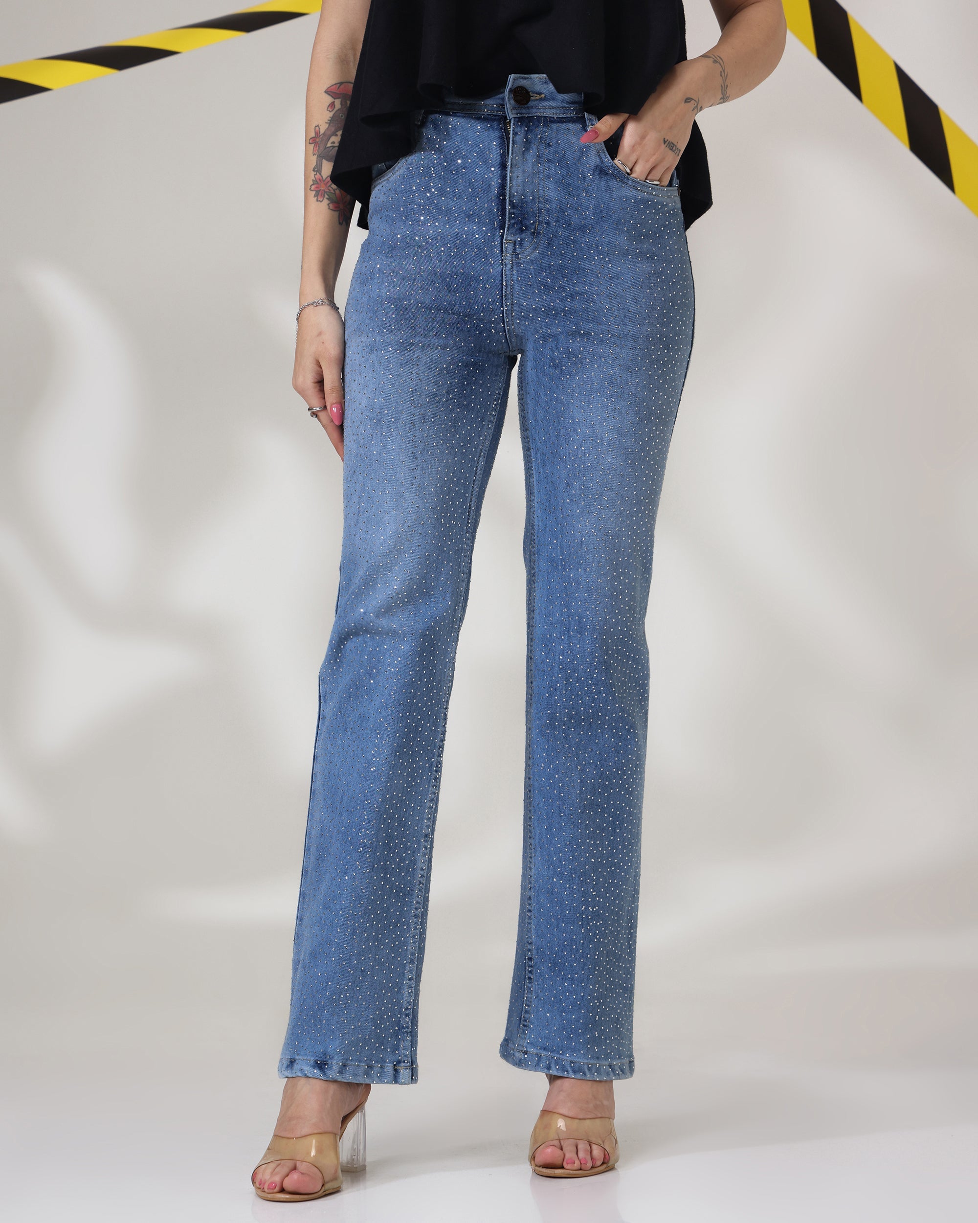 Chamku Paglu - Rhinestone Embellished Wide Leg Jeans