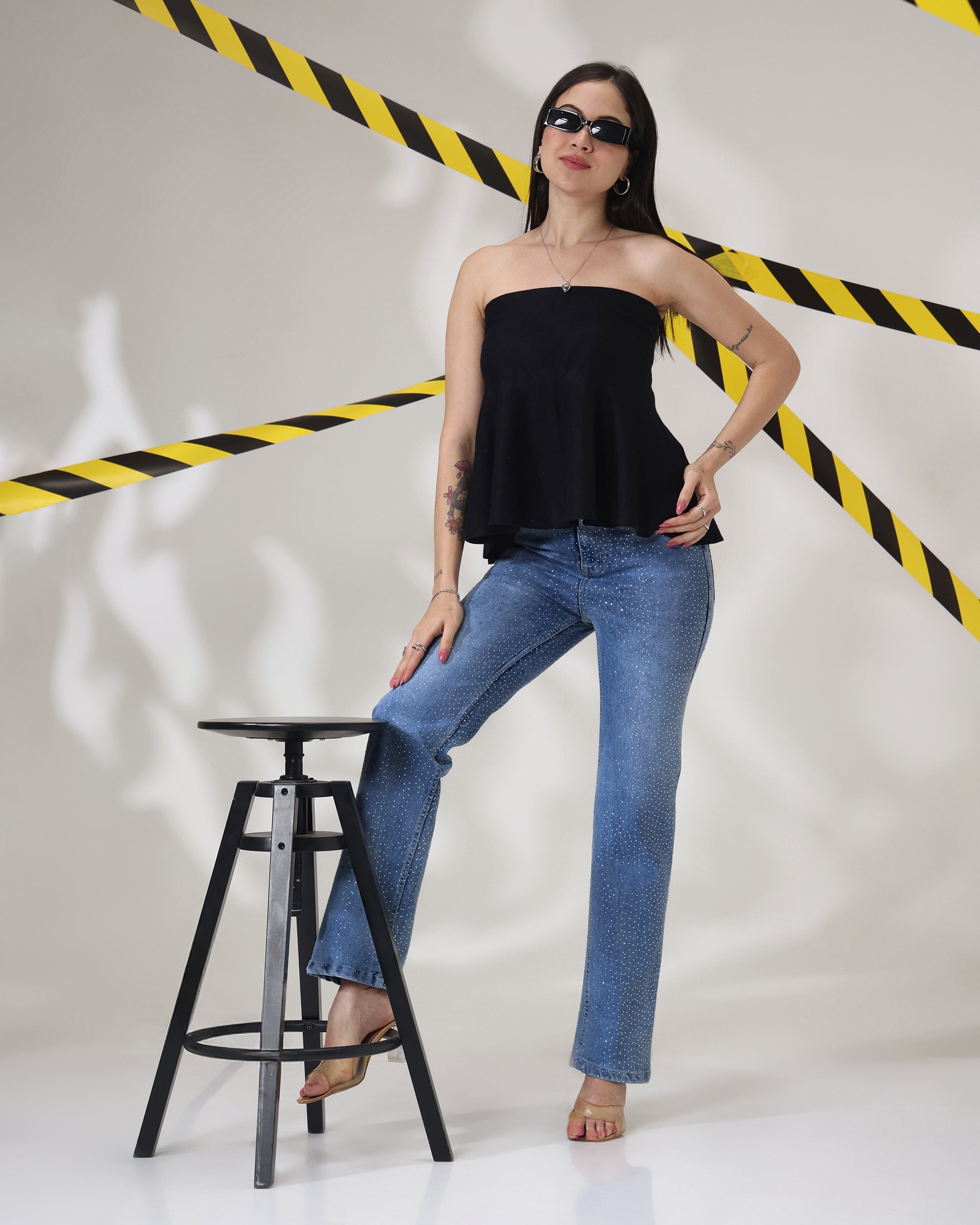 Chamku Paglu - Rhinestone Embellished Wide Leg Jeans